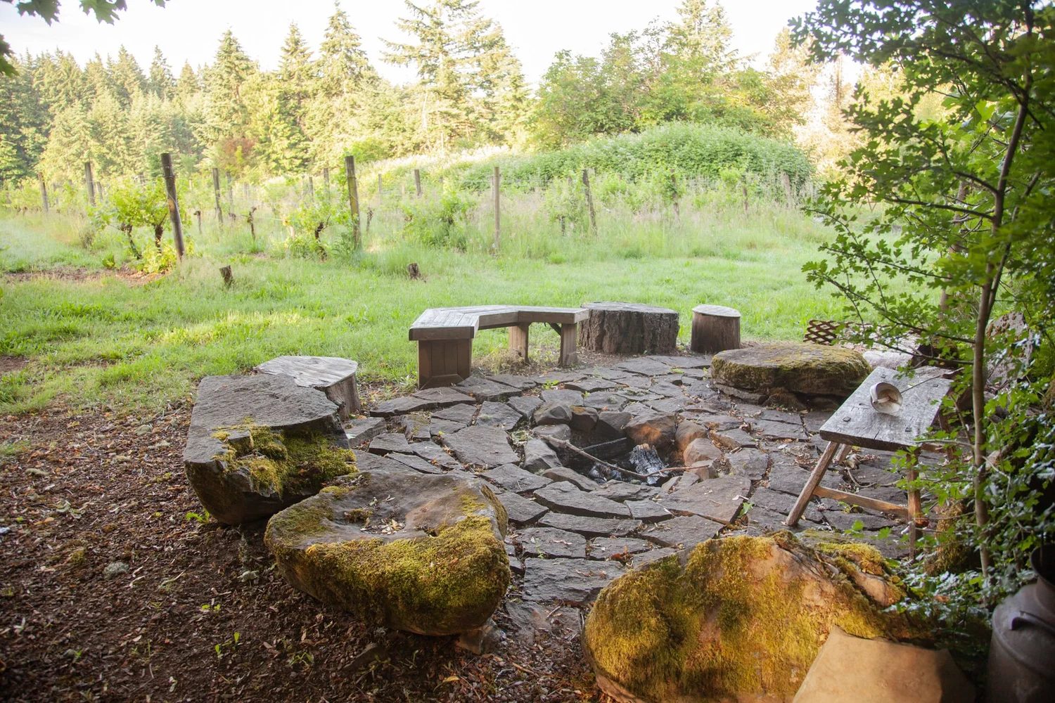 The stone fire-circle at Calliope Retreat — mossed boulders and log seats set in a ring around a firepit, vineyard and firs beyond, in late golden light.